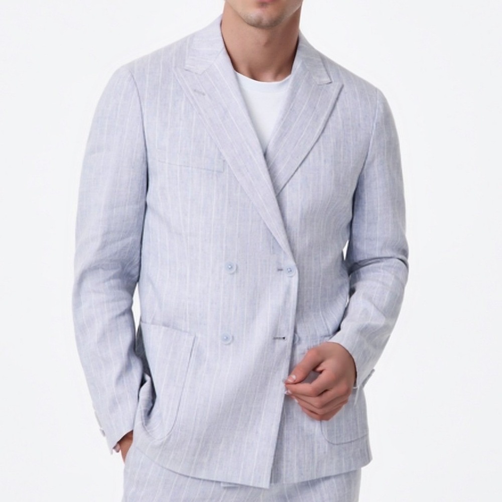 Calvin Klein Men Suit Jacket 36R Blue Pinstripe Double Breasted Linen Luxury NWT